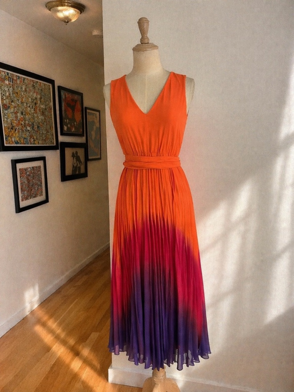 Vibrant Ombré Pleated Midi Dress | Orange Pink Purple | Flowy V-Neck